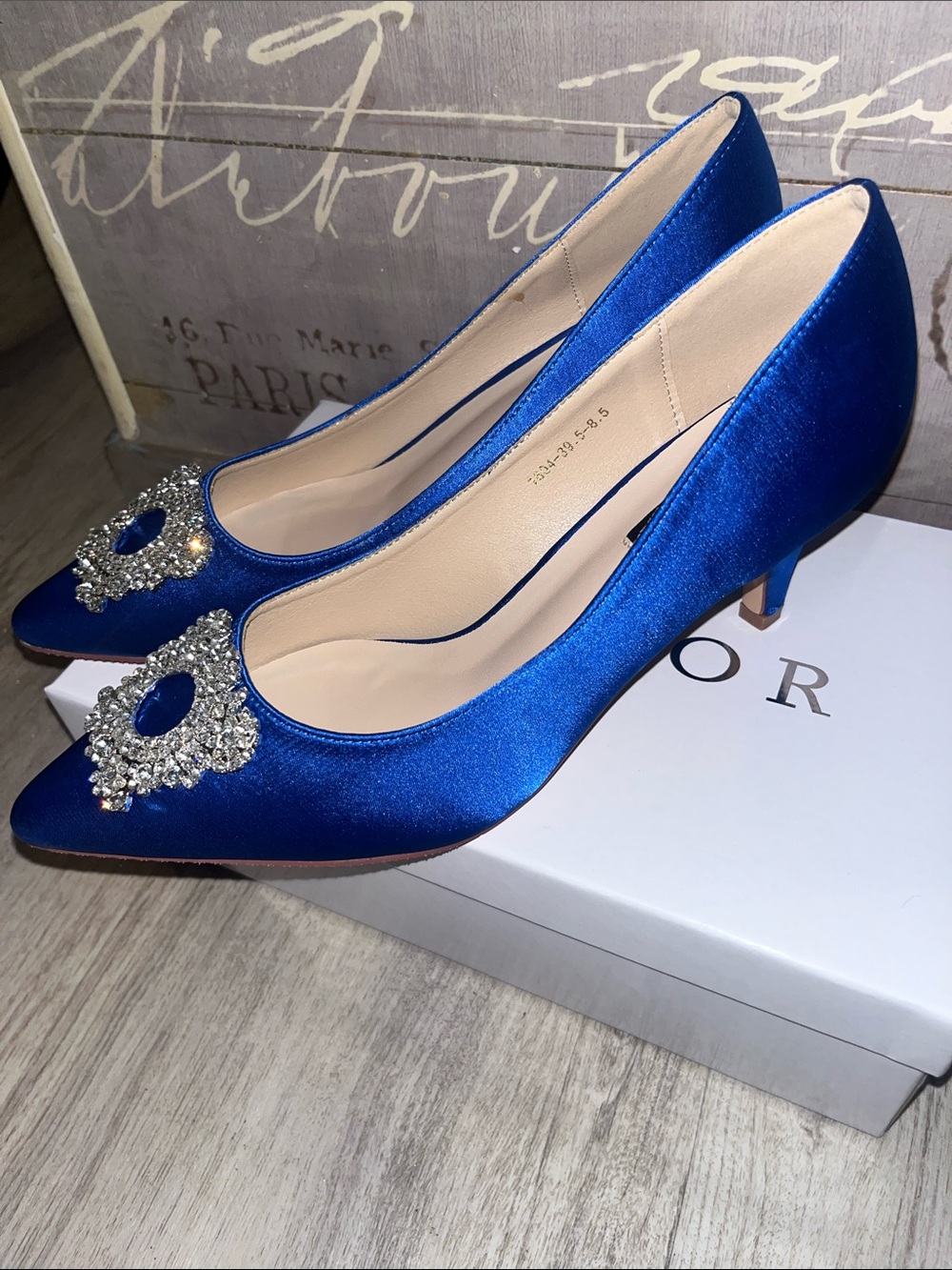 Crystal-Embellished Royal Blue Satin Pointed Pumps - Women's